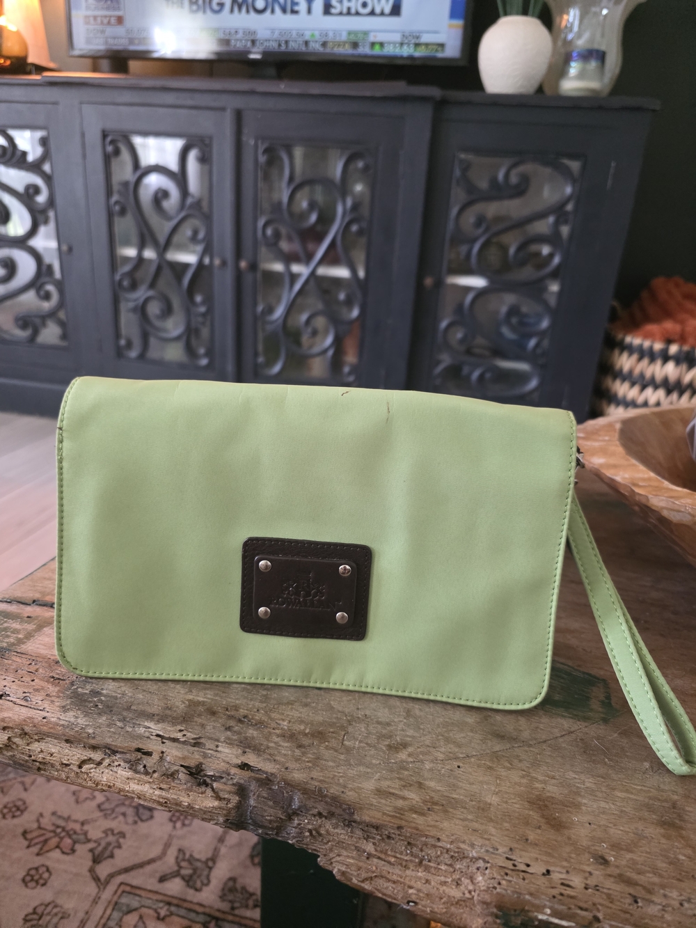 Rowallan Lime Green Wristlet Clutch with Logo Plaque